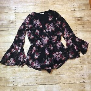 Cotton Candy Dark Floral Romper With Bell Sleeves